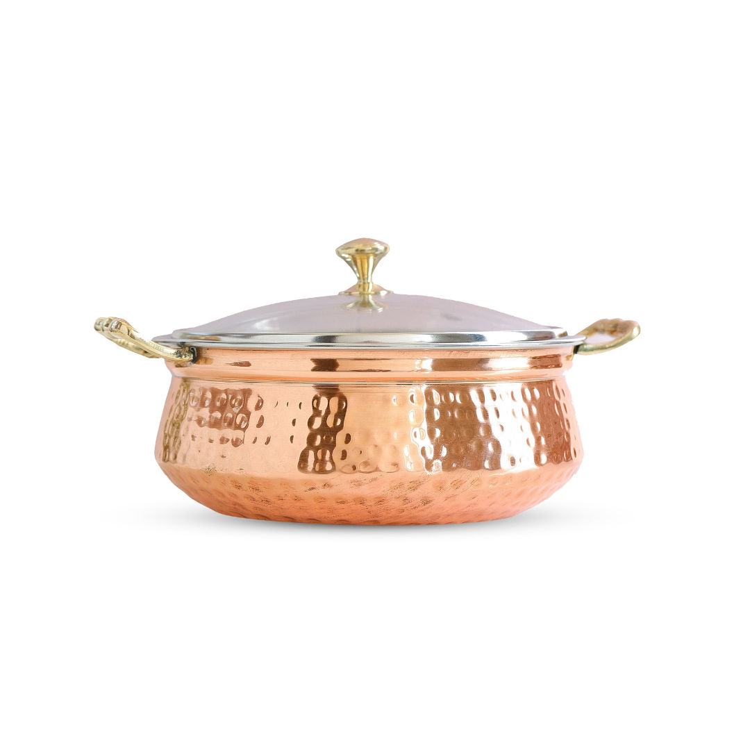Pure Steel Copper Hammered Design Casserole with Brass Handles
